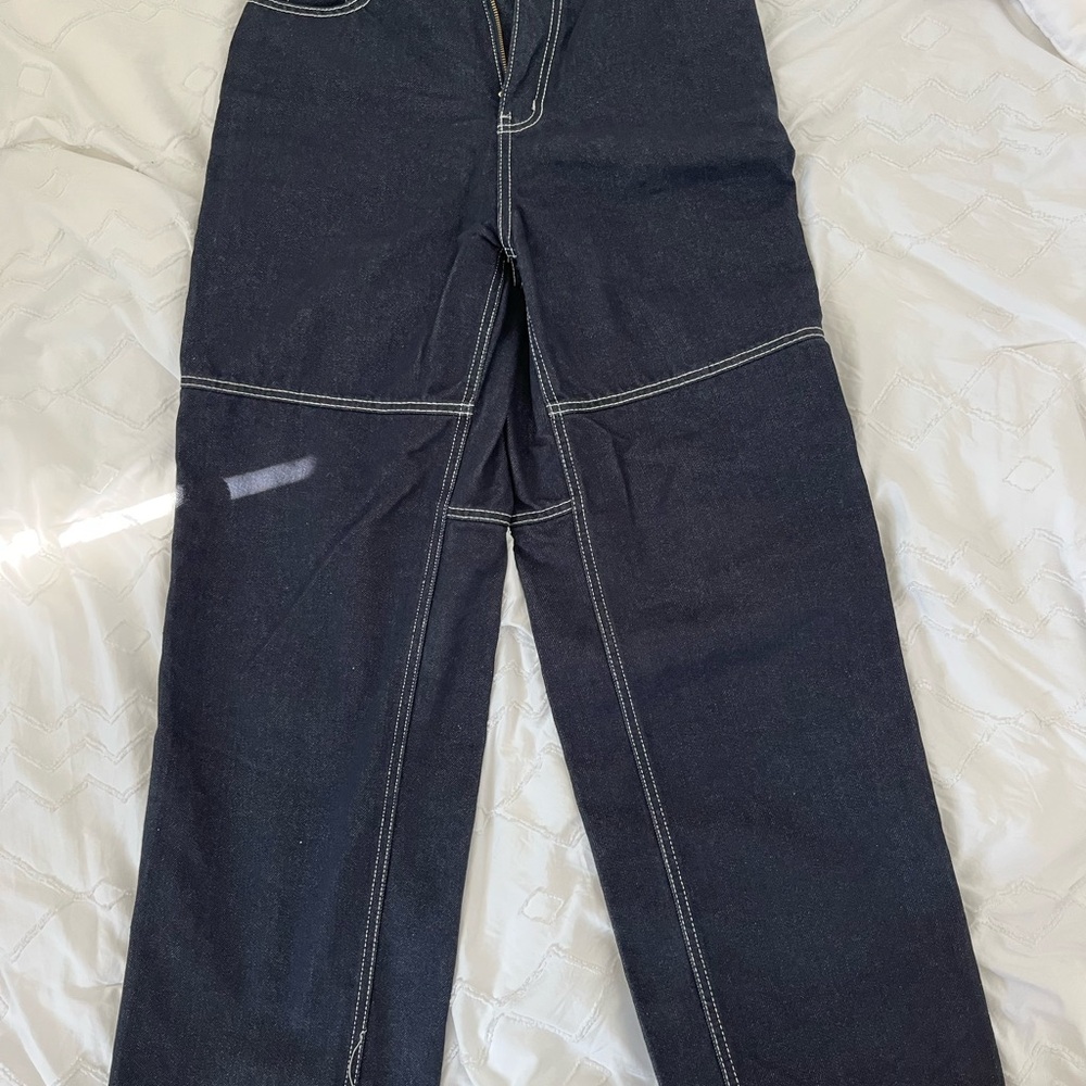 Dark Blue Denim Pants with Contrast Stitching